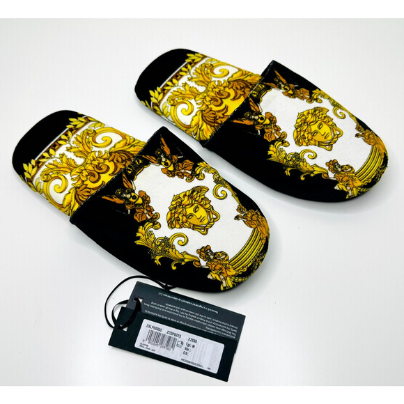 NWT Versace Medusa Slip-On Slippers Size M (8-9) Renaissance-Print Black Gold - Picture 3 of 9